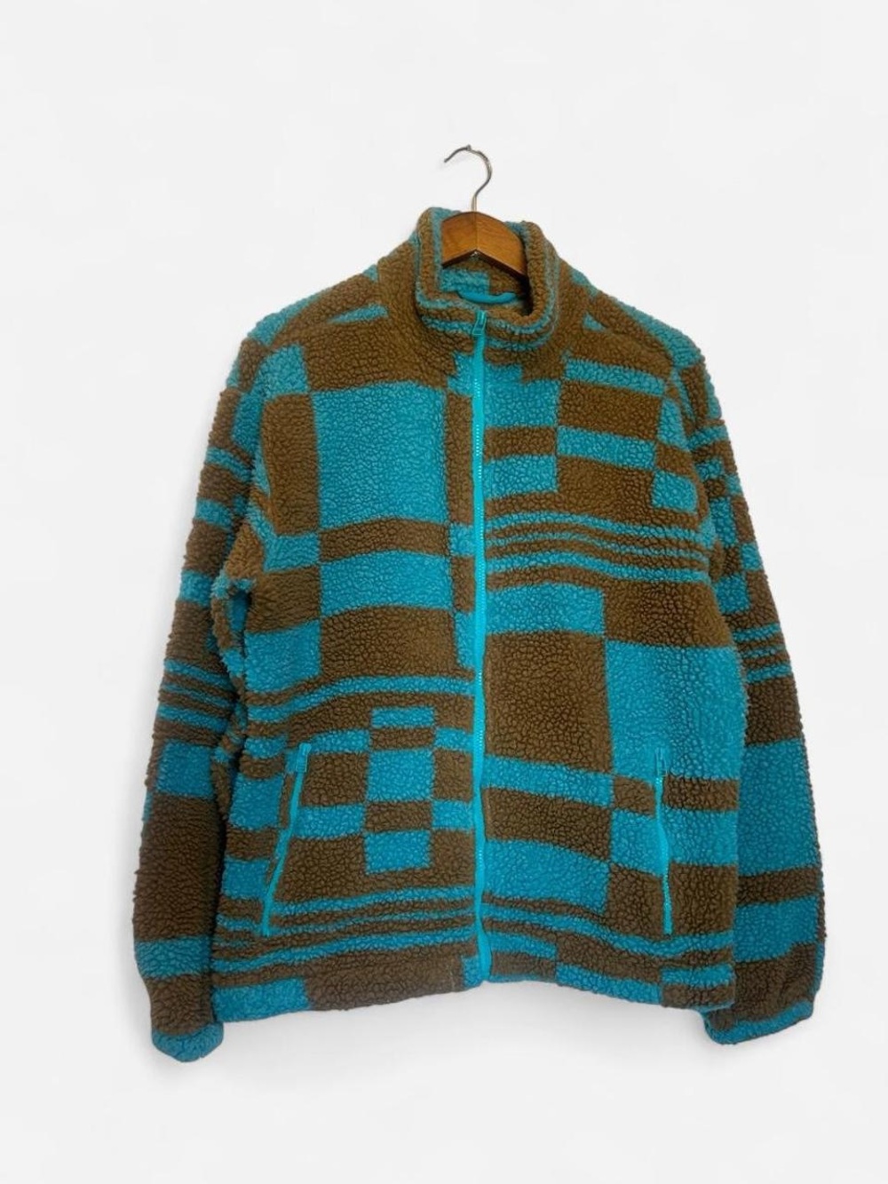 Men’s Urban Outfitters Teal and Brown Checkered Sherpa Zip Jacket